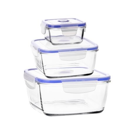 Set X3 Contenedor Táper Herméticos Vidrio Cuadrados Válvula